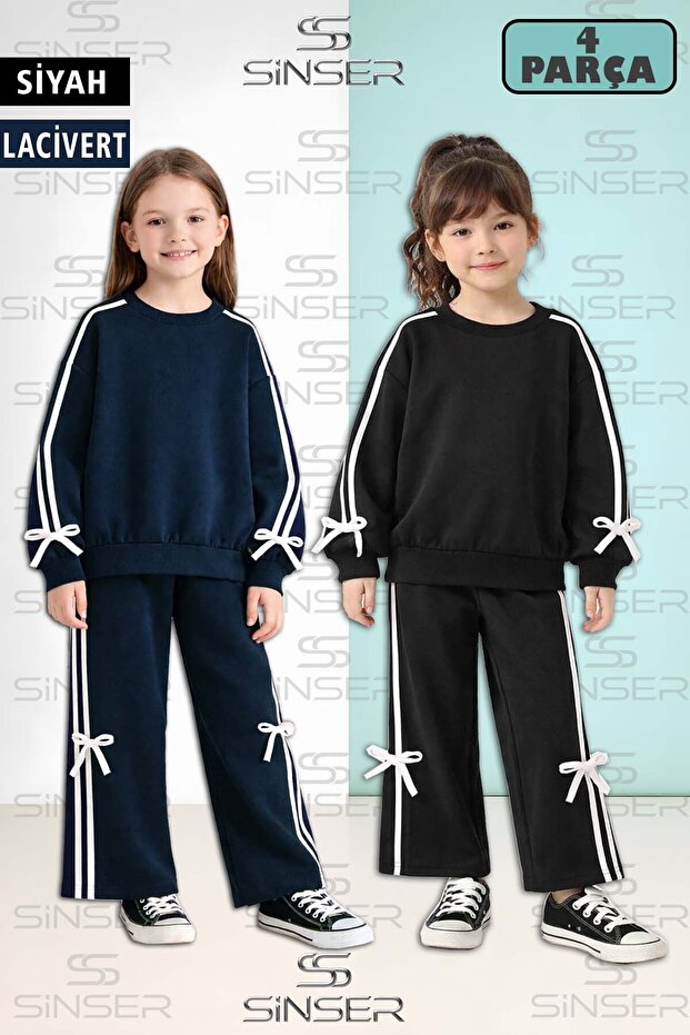 Girl's 2-Piece Bow Detailed Crew Neck Sweatshirt Set
