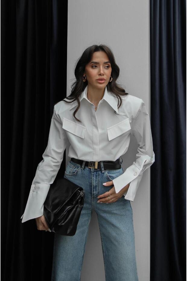 White Geometric Flap Pocket Sleeve Detail Shirt