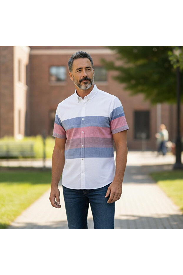 Slim Fit Cotton Striped Panel Pattern Short Sleeve Shirt (Slim Fit Model)