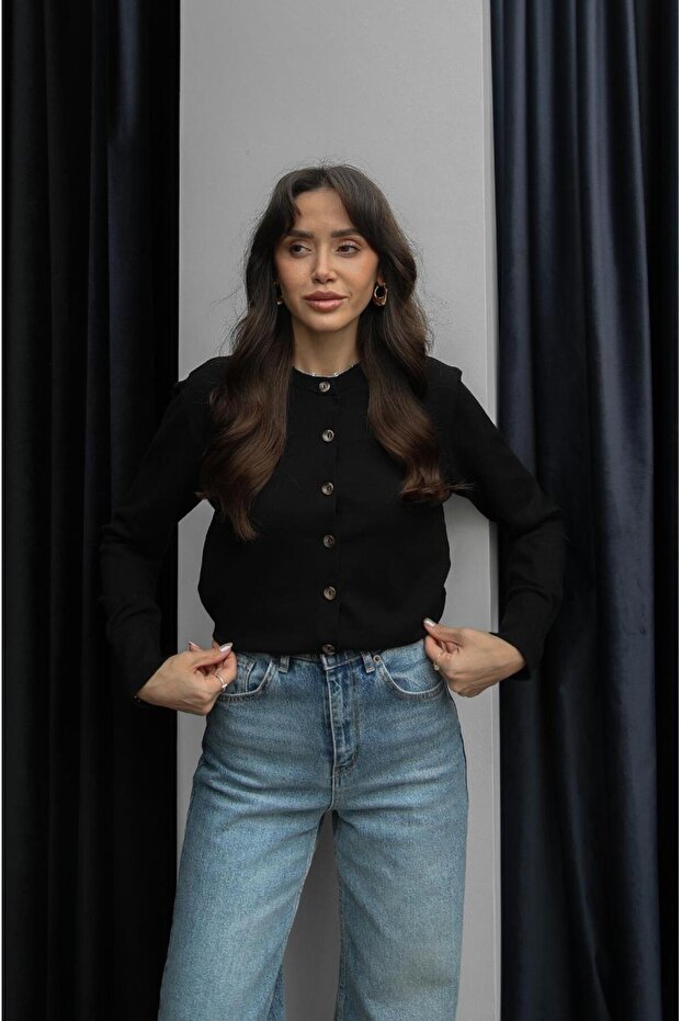 Siyah Rickles Düğmeli Basic Hırka - 2