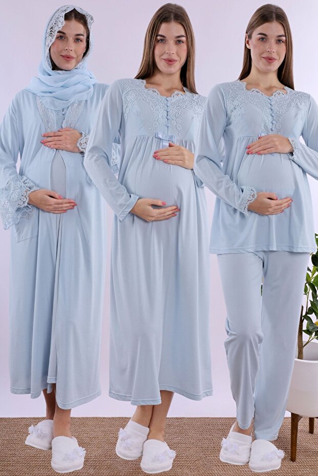 Hijab-Friendly Cotton Maternity and Postpartum Set with Breastfeeding Features Mecit | 5 Pieces - Blue