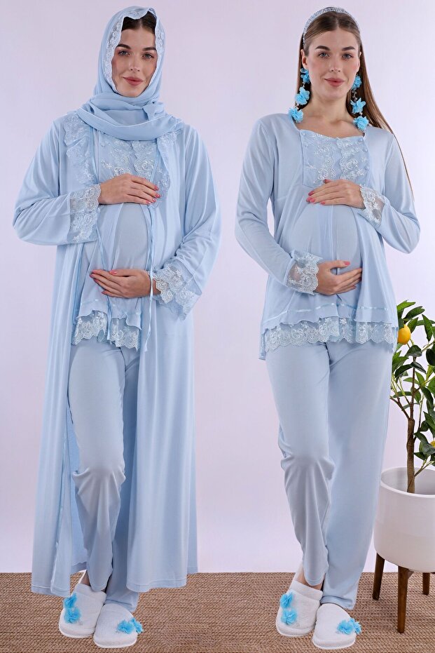 Effortt - Comfortable Cut Long Robe Maternity Pajama Set with Hijab - Blue