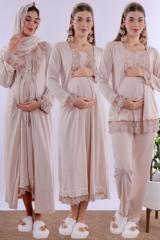 Pregnant and Postpartum Set with Hijab and Breastfeeding Features - 5 Piece Effortt - Beige