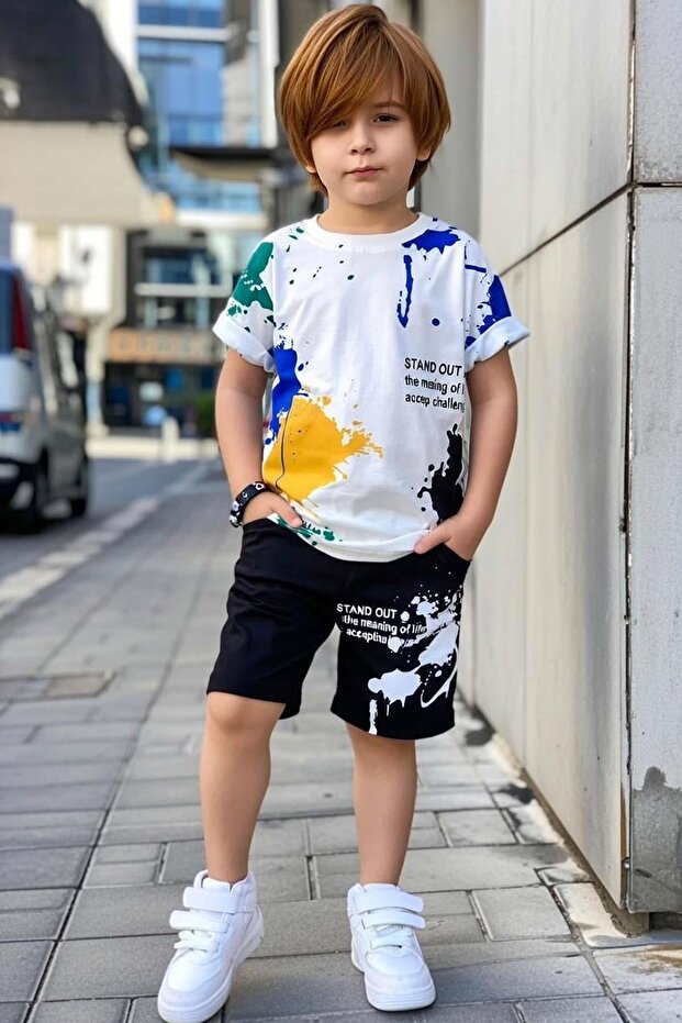 Boy's Crew Neck T-Shirt with Colorful Painted Pattern and Black Shorts with Elastic Waistband Set