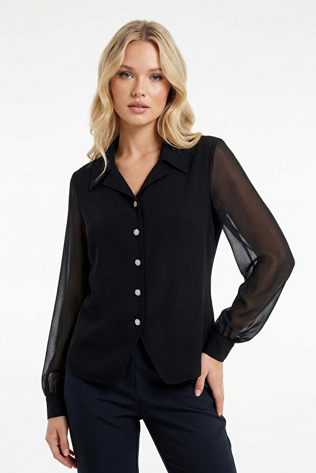 Black Sleeve Tulle Button Blouse 2842 - 1