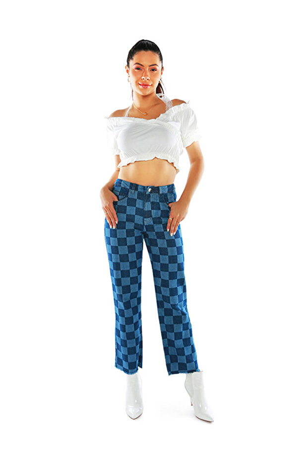 Women Blue Wide Leg Checkered Jeans Pants