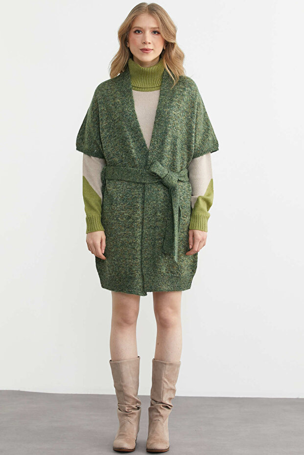 Comfortable Fit Bat Sleeve Belted Knitwear Vest - Green