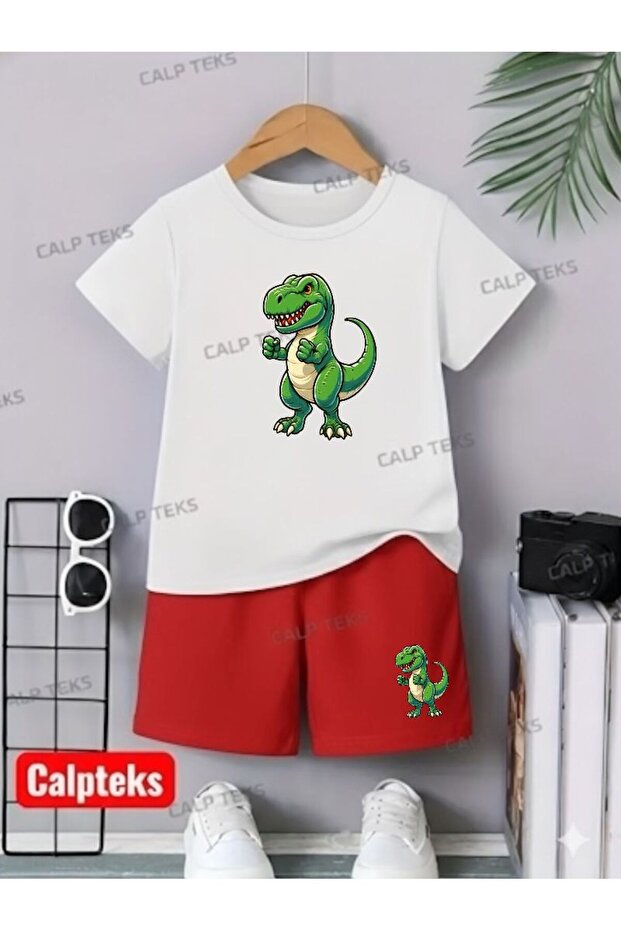 Tek Dinozor Printed Bottom Top Shorts-T-Shirt Children's Set