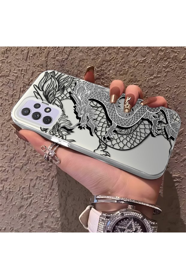 Samsung Galaxy A72 Compatible High Quality Chinese Style Black and White Dragon Printed Case