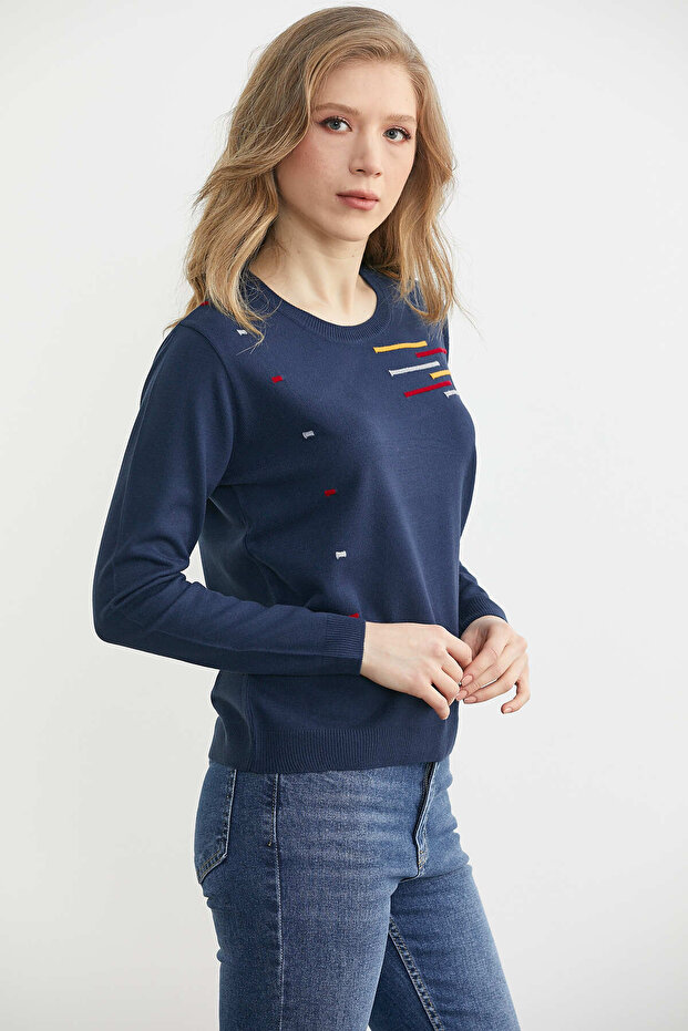 سترة تريكو منقوشة برقبة دائرية - أزرق داكن - 3