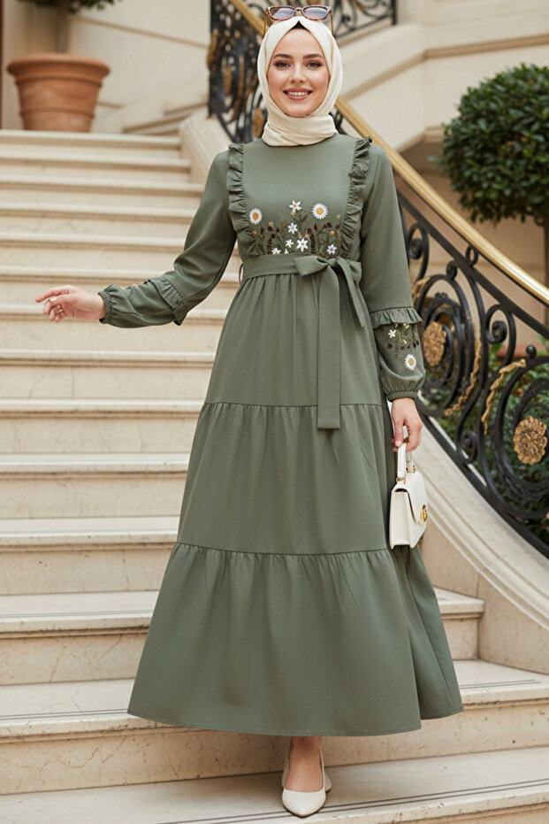 Patterned Green Hijab Dress 10327Cy