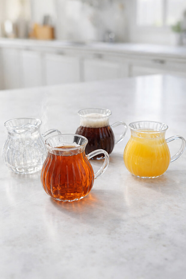 Set of 4 200 ml Borosilicate Glass Cups with Handles and Line Pattern, Heat Resistant Transparent Kw-727