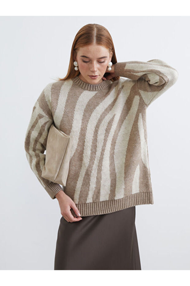 Crew Neck Zebra Patterned Women's Knitwear Tunic