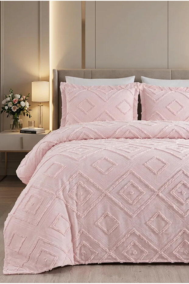 Chenille Nordic Bedspread Set 250 X 260 cm – Valon Model with 2 Pieces of 50 X 70 Pillowcases