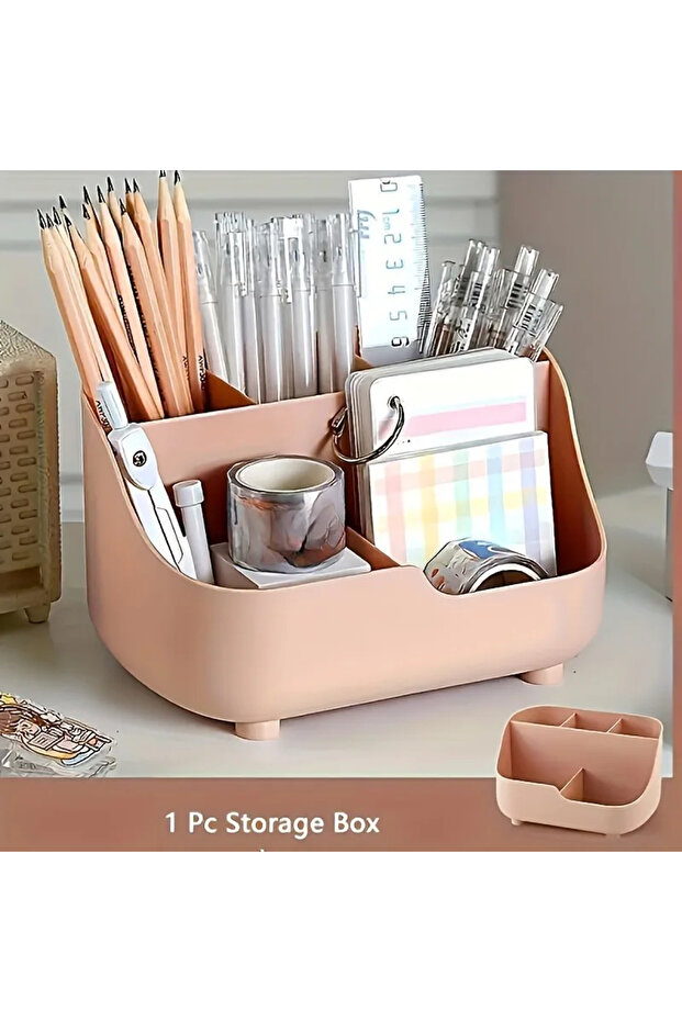 صندوق تخزين مكتبي متعدد الوظائف، وردي اللون، قطعة واحدة، سعة كبيرة، لون موحد بسيط، خمسة أقسام. - 1