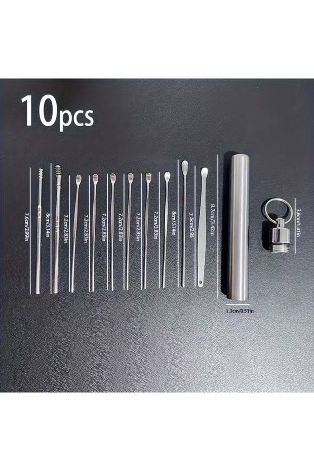 Silver Professional Ear Wax Removal Kit - 10pcs Stainless Steel Spiral & Hook Tools for Home/Clinic