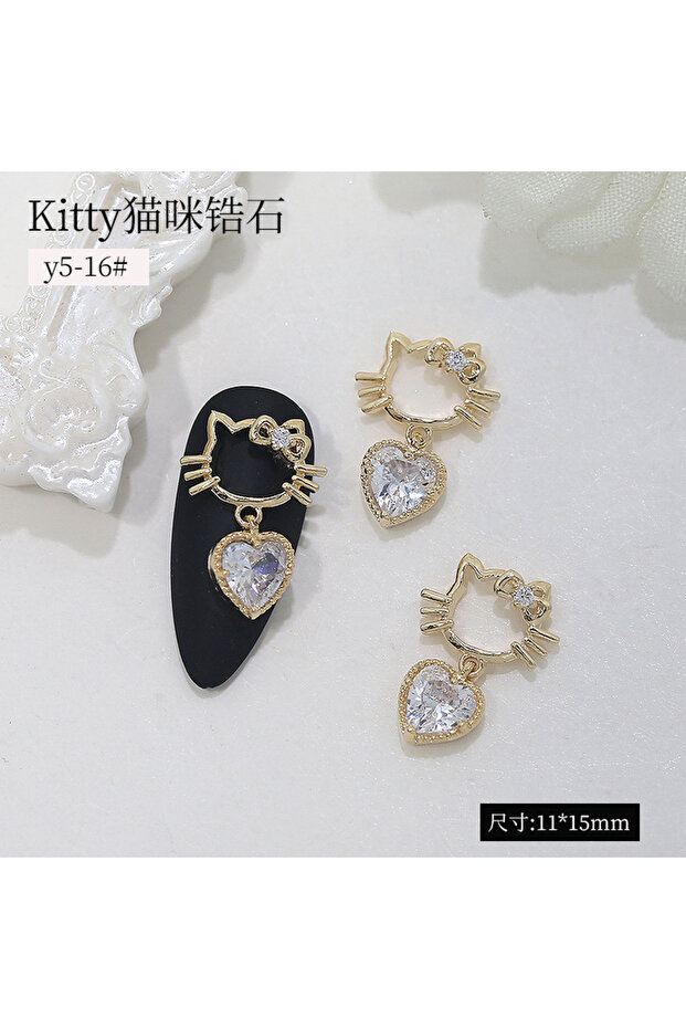 Y5-16 10Pcs/Pack KT Kitty Zircon Nail Charms - Gold/Silver Heart Pendant with Sparkling Diamonds, Lu