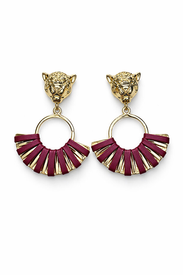 Women's Yellow Steel Leopard Detailed Burgundy Leather Dangle Earrings