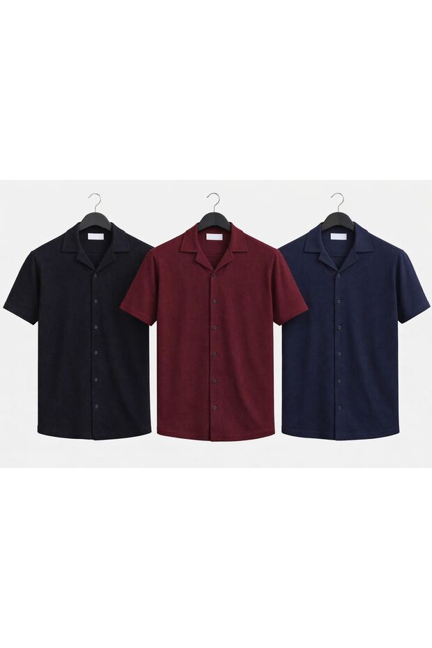 Set of 3 Men's Plain Short-Sleeved Waffle Shirts Slim Fit Slim Fit Cotton