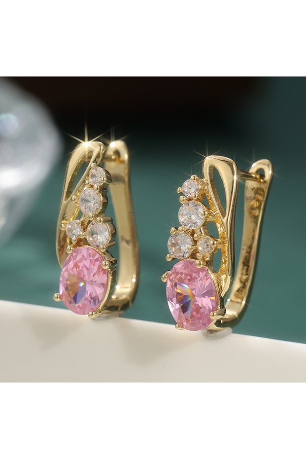 Pink T718 Elegant Sparking Pink Synthetic Zirconia Golden Plated Hoop Earrings Women Exquisite Weddi
