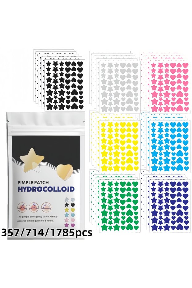357pcs 357/714/1785pcs Multi-Color Pimple Patch Set – Cute Star & Heart Acne Dots, Mixed Sizes, Skin
