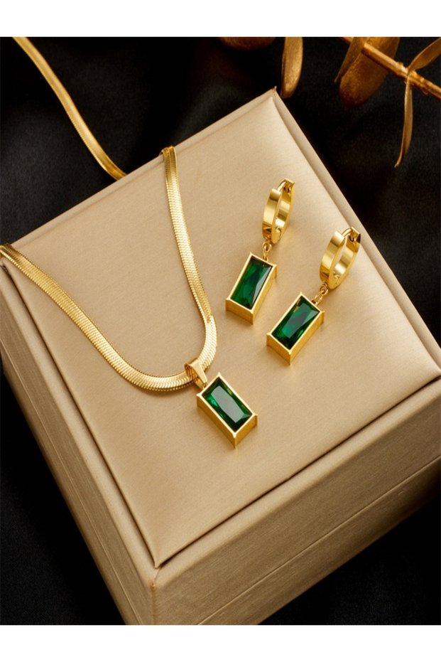 40cm 3pcs Stainless Steel Square Green Crystal Zircon Necklace Earrings For Women Girl New Fashion N