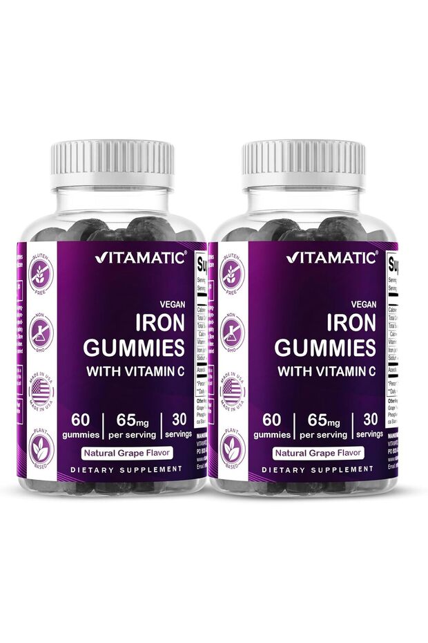 Iron 65 mg Gummies Supplement for Women & Men - 60 Vegan Gummies - Great Tasting Iron Gumm