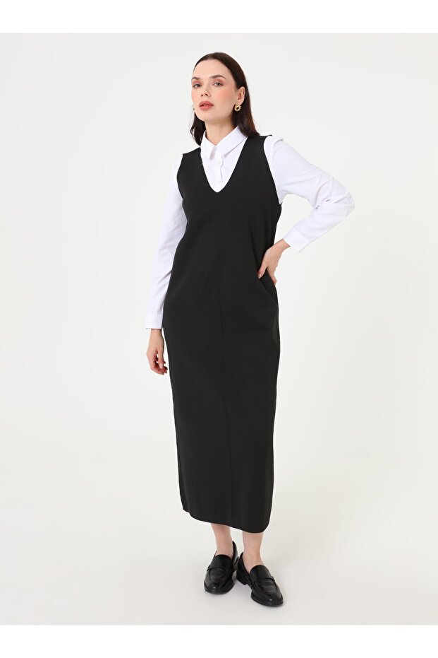 Triko Tesettür Elbise - Siyah - - 3