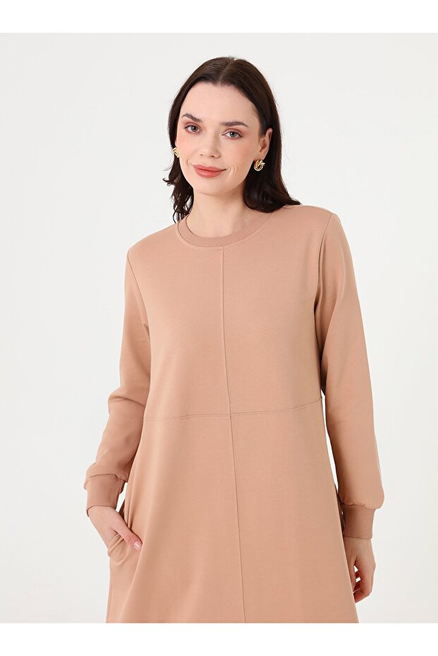 Cep Detaylı Basic Tesettür Elbise - Koyu Krem - - 2