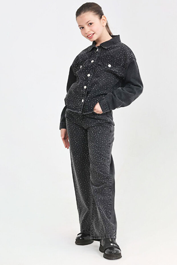 Girls' Denim Set with Stone Embellishment (Jacket + Pants) 12452