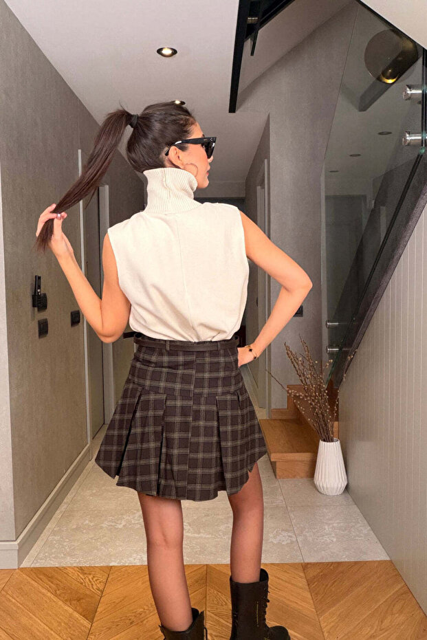 Haki Ekose Mini Şort Etek - 4