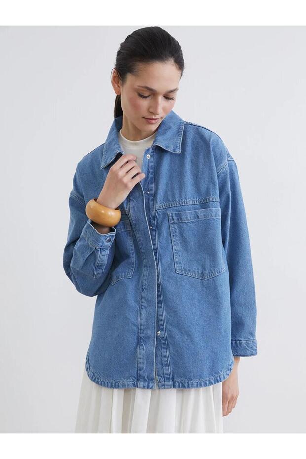 Artı-Store Shirt Collar, Long Sleeve Women's Jean Jacket, Made of Denim Fabric. Önden Gi