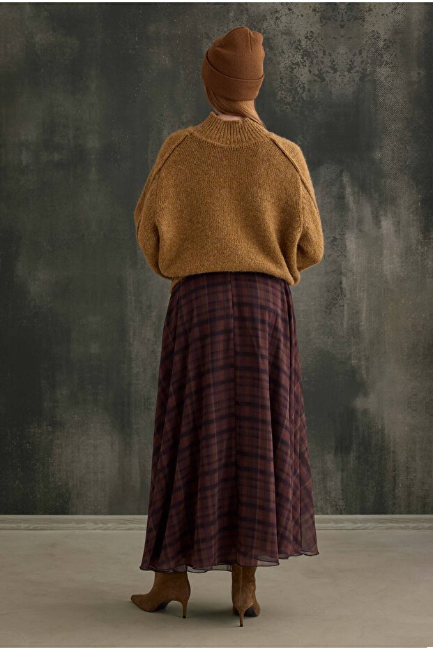 Şifon Ekose Etek Camel - 5