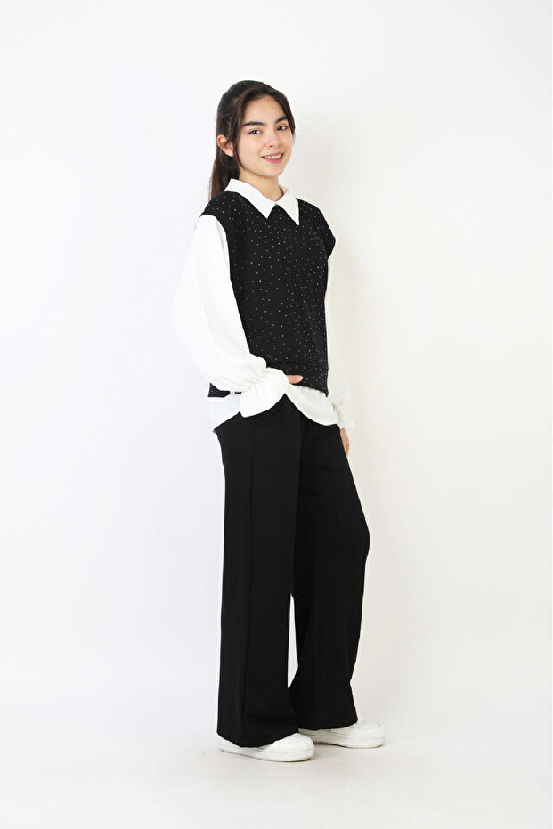 Girl's 3-Piece Set - Double Face Fabric with Stone Embellishments and Wide Legs 12509