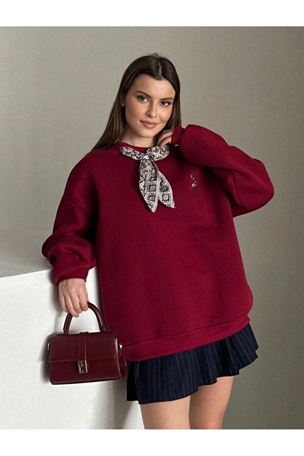 Women's Scarf Detailed Three Thread Sh Fleece-Lined O Oversized Sweatshirt