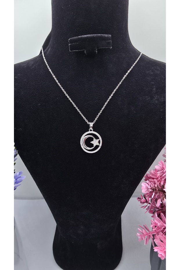 Moon Star Necklace with Zircon Stone, Silver Color, Sparkling Design, Non-Tarnish Steel Necklace Models - 45cm