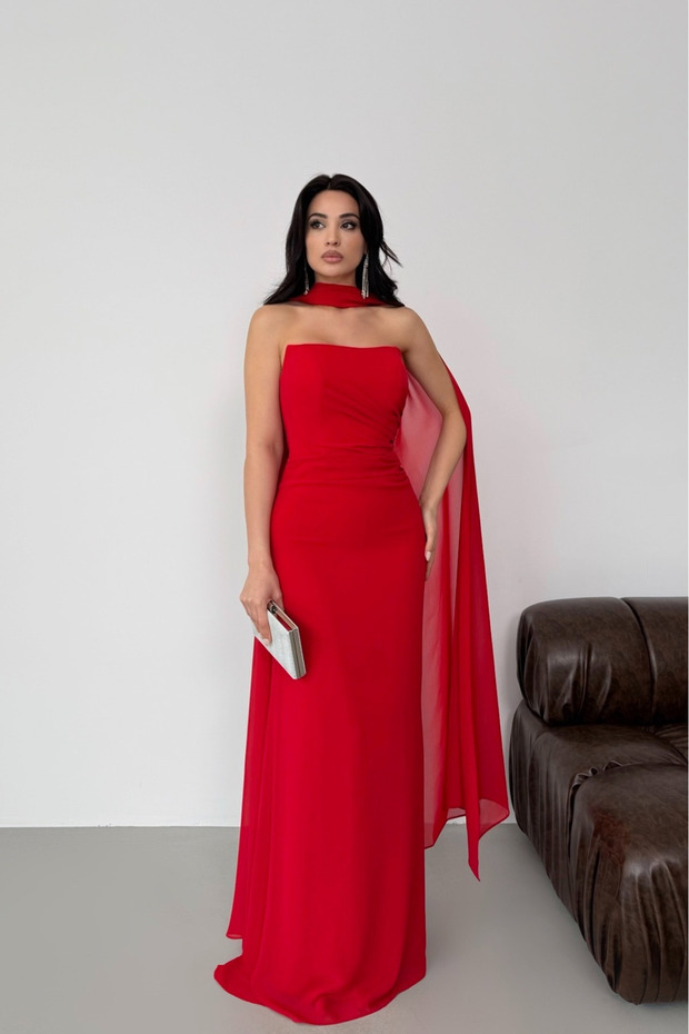 Red Strapless Shawl Detailed Draped Evening Dress
