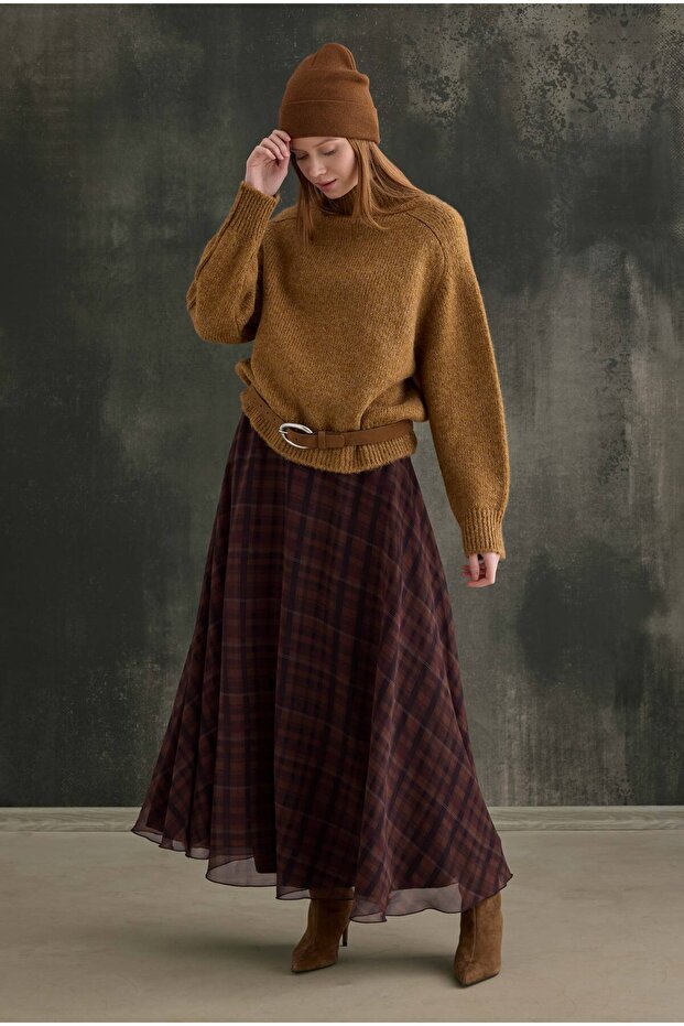 Şifon Ekose Etek Camel - 4