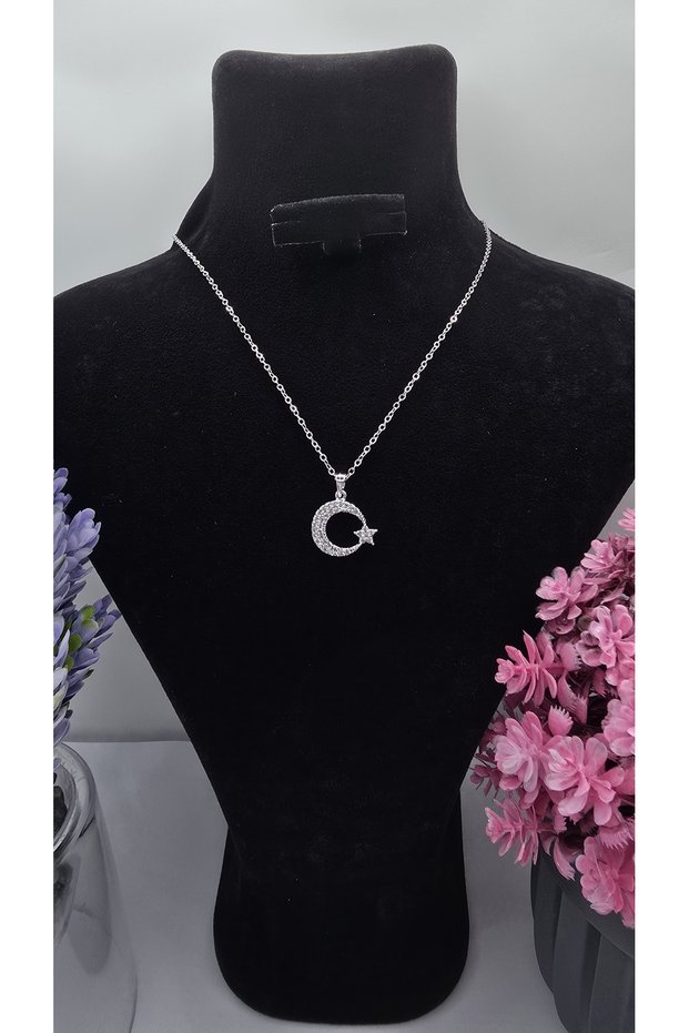 Moon Star Necklace with Zircon Stone, Silver Color, Sparkling Design, Non-Tarnish Steel Necklace Models - 45cm