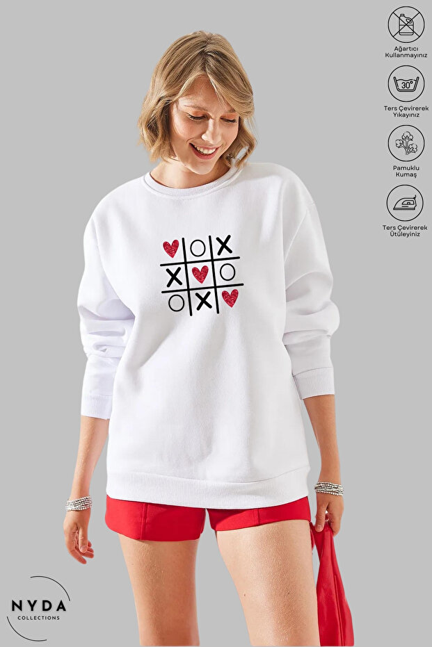 Unisex Tic Tac Toe Printed Crew Neck Hoodless Oversized 100% Cotton Combed Cotton Sweatshirt