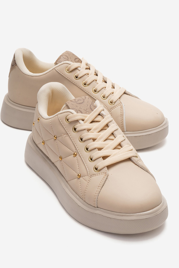 Lace-Up Troc Stitched Leather Women's Sports Shoes Beige Beige