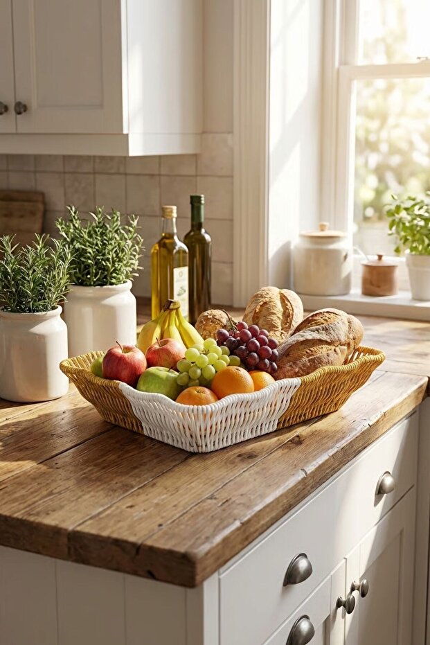 ®   Rectangular Dual Color Plastic Rattan Bread and Fruit Basket - Multi-Purpose Bathroom and Kitchen Flat - 1