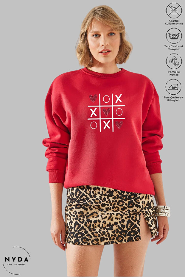 Unisex Tic Tac Toe Printed Crew Neck Hoodless Oversized 100% Cotton Combed Cotton Sweatshirt
