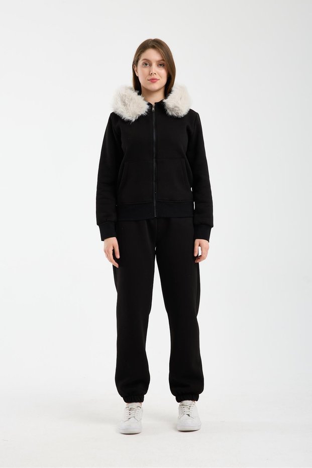 Women's Black Hooded Sweatshirt with Fur (Removable) and Zipper, Sweatshirt and Sweatpants Set