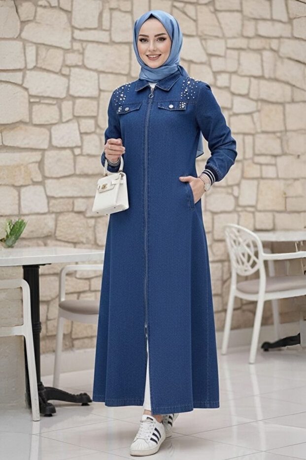 Women's Stone Embellished Zip-Up Ribbed Dark Blue Coat