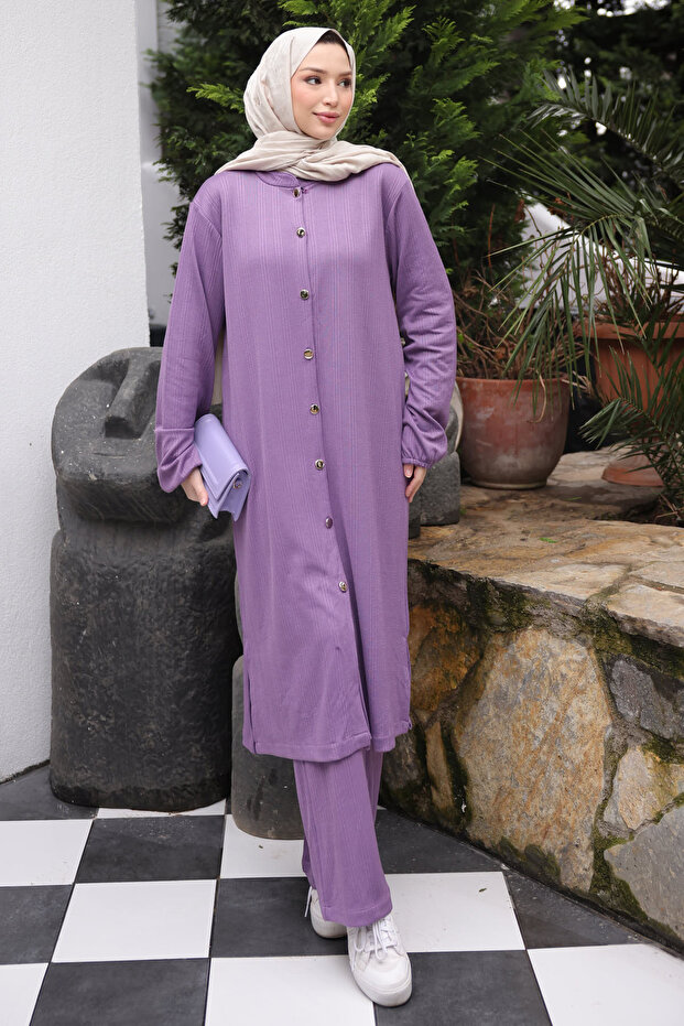 Lilac Buttoned Tunic and Trousers Wrinkled Suit