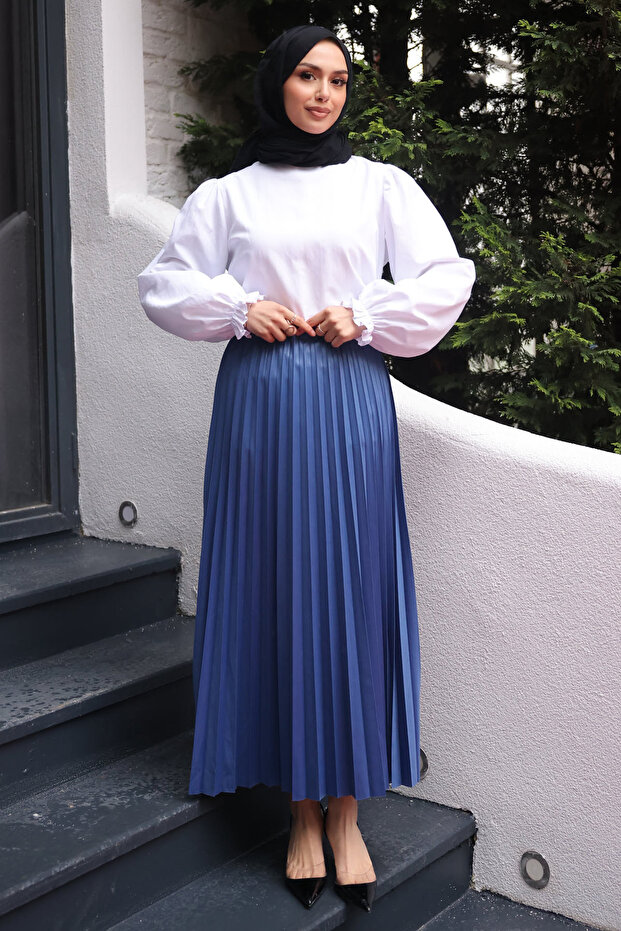 Indigo Pleated Skirt with Elastic Waist