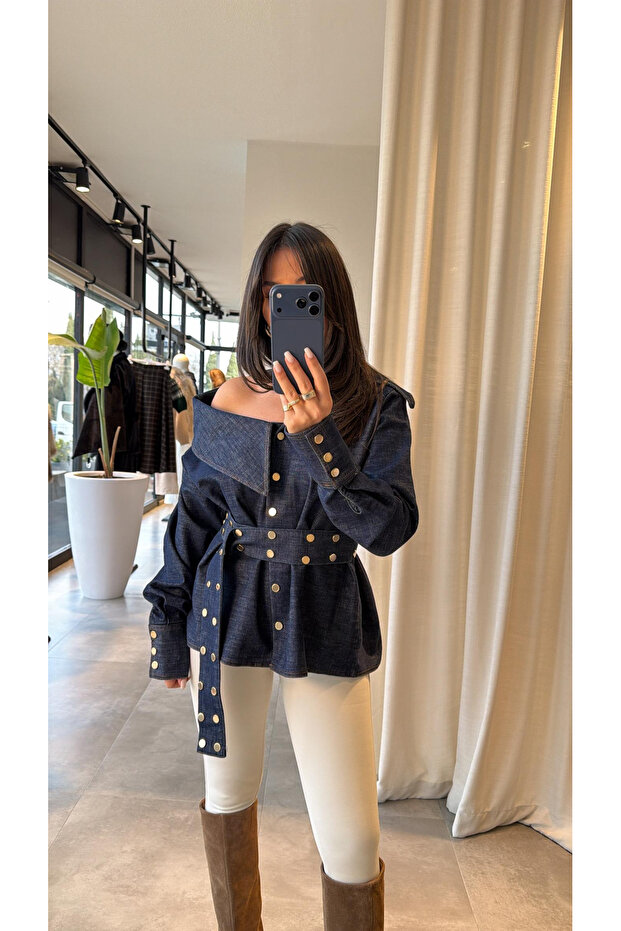 Women's Denim Gold Snap Detail Belted Design Shirt 7015