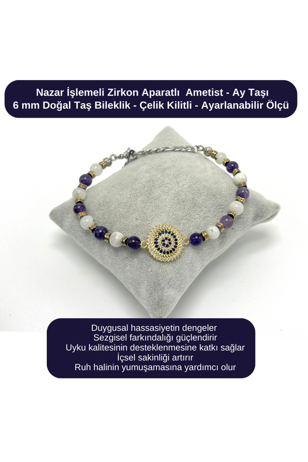 Certified Evil Eye Embellished Zircon - Amethyst - Moonstone - 6mm Natural Stone Bracelet - Adjustable Size