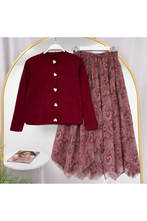 Women's Shawl Pattern Asymmetrical Cut Skirt - Heart Buttoned Knitwear Cardigan Set -0545
